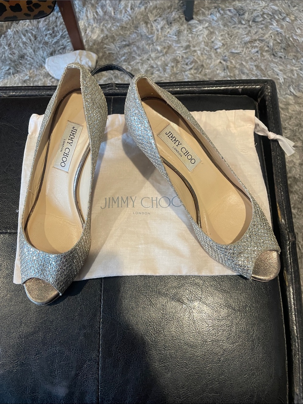 Jimmy Choo Silver & Gold 2.5” Heel Peep Toe Shoes